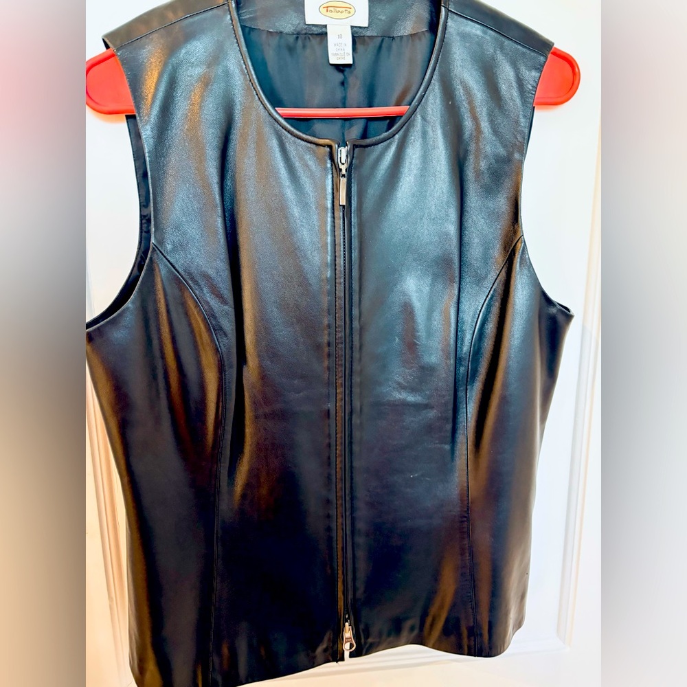 Talbots Black Faux Leather Zip-Front Vest